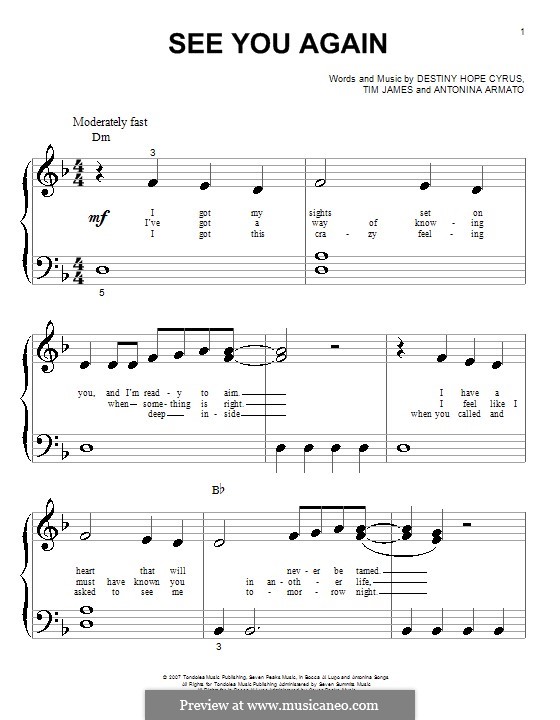 See You Again (Hannah Montana): For piano (very easy version) by Antonina Armato, Destiny Hope Cyrus, Timothy James