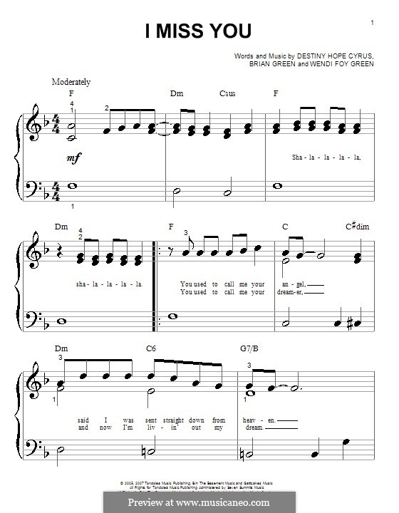 I Miss You (Hannah Montana): For piano (very easy version) by Brian Green, Destiny Hope Cyrus, Wendi Foy Green