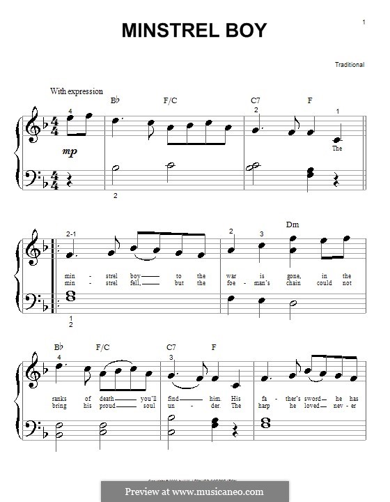 The Minstrel Boy (printable score): For piano by folklore