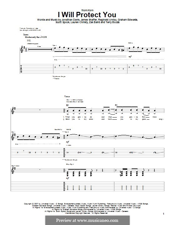 I Will Protect You (Korn): For guitar with tab by Graham Edwards, James Shaffer, Jonathan Davis, Lauren Christy, Reginald Arvizu, Scott Spock, Terry Bozzio, Zak Baird