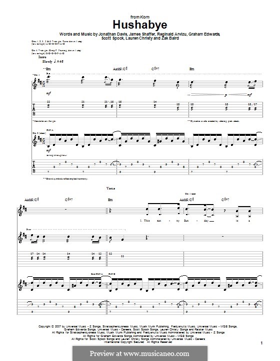 Hushabye (Korn): For guitar with tab by Graham Edwards, James Shaffer, Jonathan Davis, Lauren Christy, Reginald Arvizu, Scott Spock, Zak Baird