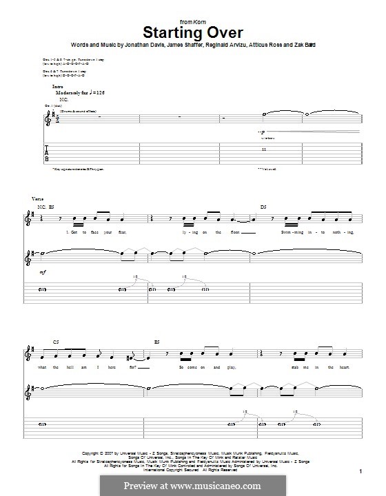 Starting Over (Korn): For guitar with tab by Atticus Ross, James Shaffer, Jonathan Davis, Reginald Arvizu, Zak Baird
