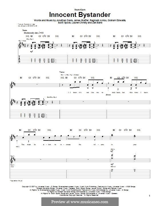 Innocent Bystander (Korn): For guitar with tab by Graham Edwards, James Shaffer, Jonathan Davis, Lauren Christy, Reginald Arvizu, Scott Spock, Zak Baird