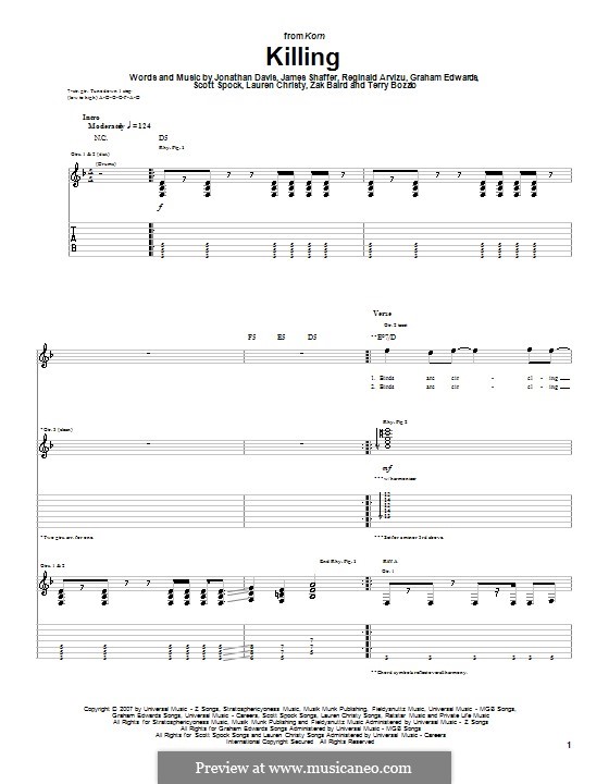 Killing (Korn): For guitar with tab by Graham Edwards, James Shaffer, Jonathan Davis, Lauren Christy, Reginald Arvizu, Scott Spock, Terry Bozzio, Zak Baird