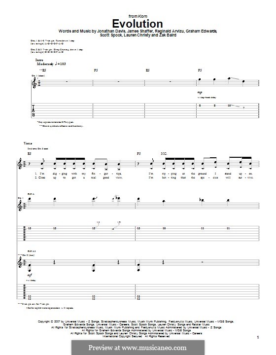 Evolution (Korn): For guitar with tab by Graham Edwards, James Shaffer, Jonathan Davis, Lauren Christy, Reginald Arvizu, Scott Spock, Zak Baird