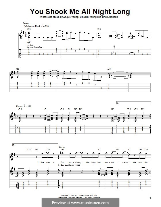 You Shook Me All Night Long (AC/DC): For guitar with tab by Angus Young, Brian Johnson, Malcolm Young