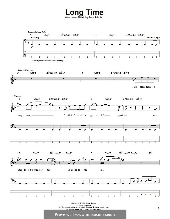 Long Time (Boston): For bass guitar with tab by Tom Scholz