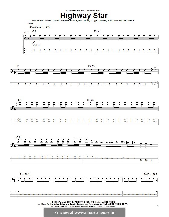 Highway Star (Deep Purple): For bass guitar with tab by Ian Gillan, Ian Paice, Jon Lord, Ritchie Blackmore, Roger Glover