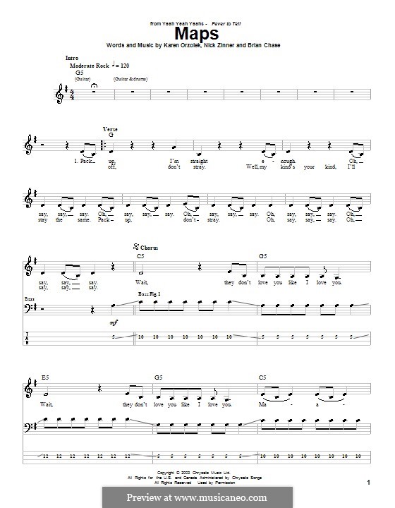 Maps (Yeah Yeah Yeahs): For bass guitar with tab by Brian Chase, Karen O, Nicholas Zinner