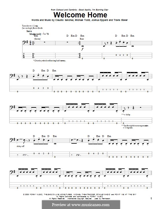 Welcome Home (Coheed and Cambria): For bass guitar with tab by Claudio Sanchez, Joshua Eppard, Michael Todd, Travis Stever