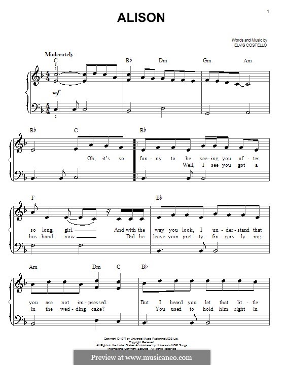 Alison: For easy piano by Elvis Costello