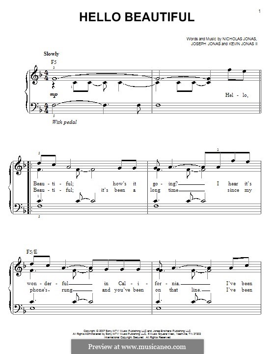 Hello Beautiful (Jonas Brothers): For easy piano by Joseph Jonas, Kevin Jonas Sr., Nicholas Jonas