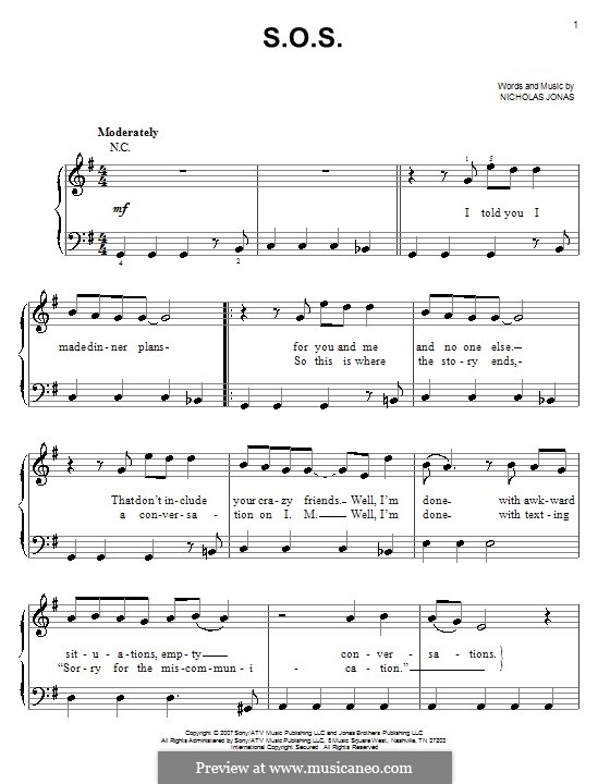 S.O.S. (Jonas Brothers): For easy piano by Nicholas Jonas