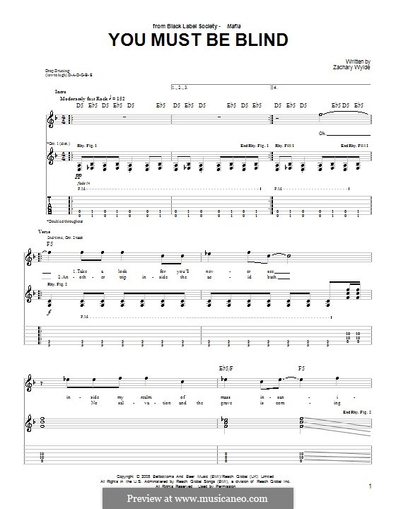 You Must Be Blind (Black Label Society): For guitar with tab by Zackary P. Wylde