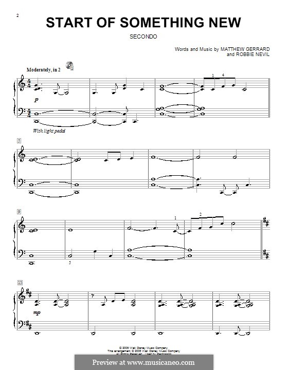 Start of Something New (from High School Musical): For piano four hands by Matthew Gerrard, Robbie Nevil