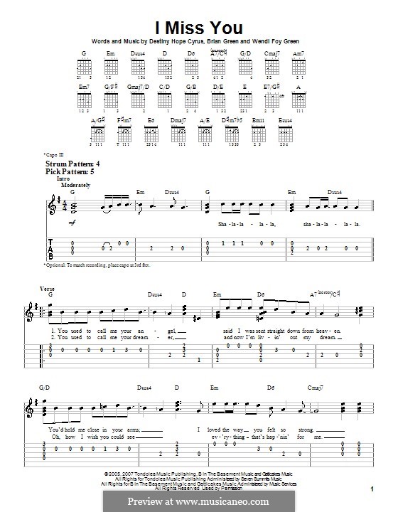 I Miss You (Hannah Montana): For guitar (very easy version) by Brian Green, Destiny Hope Cyrus, Wendi Foy Green