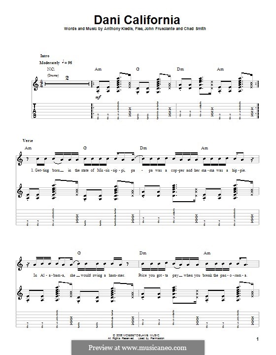 Dani California (Red Hot Chili Peppers): For guitar with tab by Flea, Anthony Kiedis, Chad Smith, John Frusciante