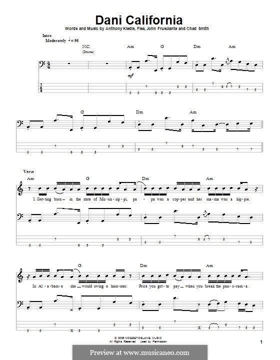 Dani California (Red Hot Chili Peppers): For bass guitar with tab by Flea, Anthony Kiedis, Chad Smith, John Frusciante