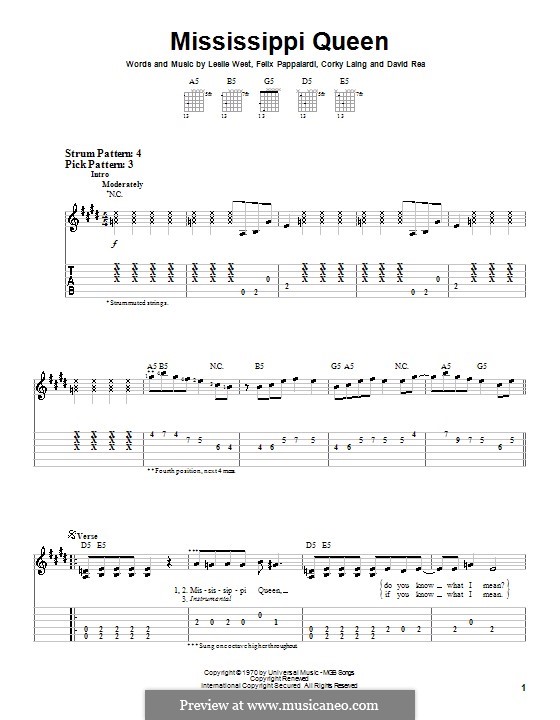 Mississippi Queen (Mountain): For guitar (very easy version) by Corky Laing, David Rea, Felix Pappalardi, Leslie West