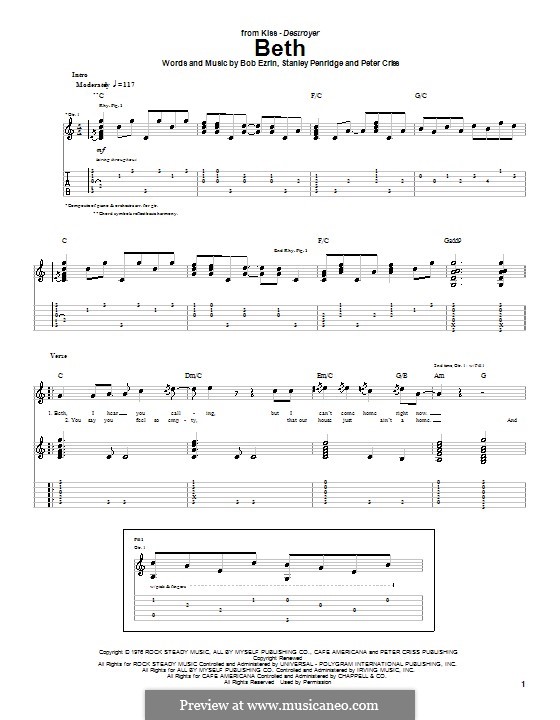 Beth: For guitar with tab by Bob Ezrin, Peter Criss, Stan Penridge