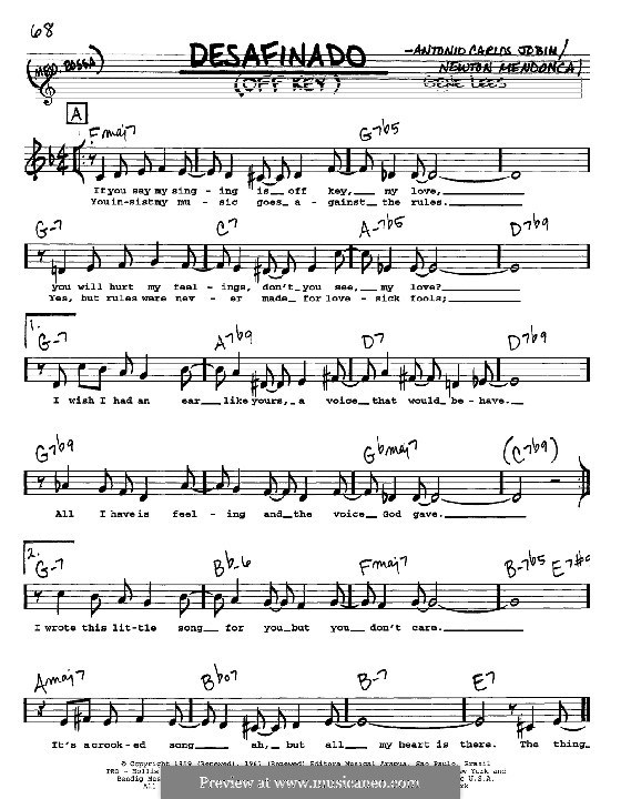 Desafinado (Slightly Out of Tune): Melody, lyrics and chords by Antonio Carlos Jobim