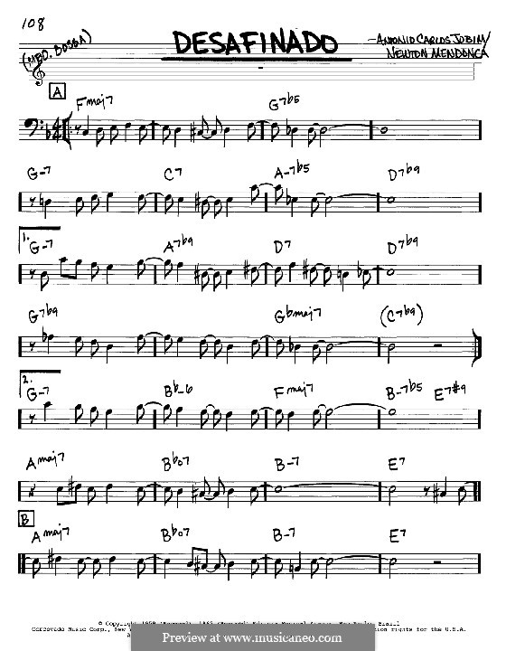 Desafinado (Slightly Out of Tune): Melody and chords – bass clef instruments by Antonio Carlos Jobim