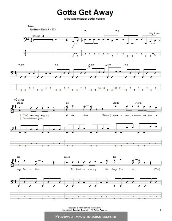 Gotta Get Away (The Offspring): For bass guitar with tab by Dexter Holland