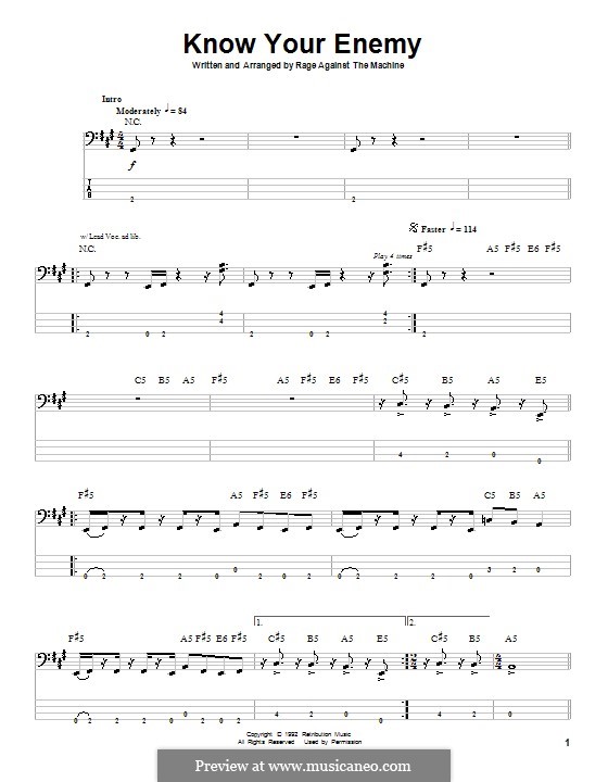 Know Your Enemy: For bass guitar with tab by Rage Against The Machine