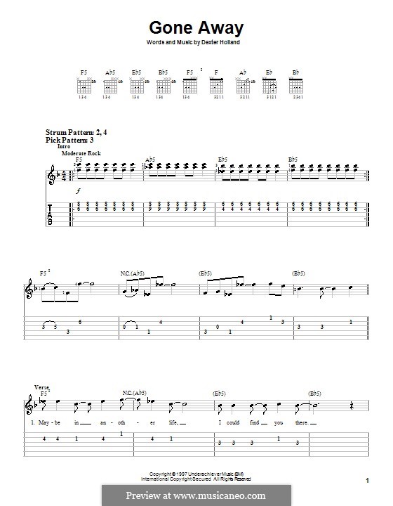 Gone Away (The Offspring): For guitar (very easy version) by Dexter Holland