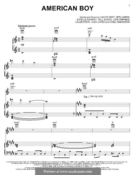 American Boy (Estelle): For voice and piano (or guitar) by Caleb Speir, Estelle Swaray, John Stephens, Joshua Lopez, Kanye West, Keith Harris, will.i.am