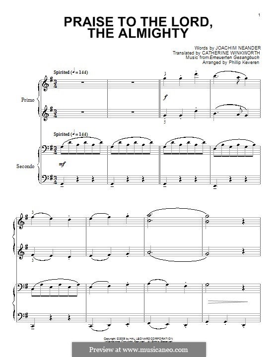 Praise to the Lord, the Almighty: For piano four hands by Unknown (works before 1850)