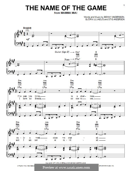 The Name of the Game (ABBA): For voice and piano (or guitar) by Benny Andersson, Björn Ulvaeus, Stig Anderson