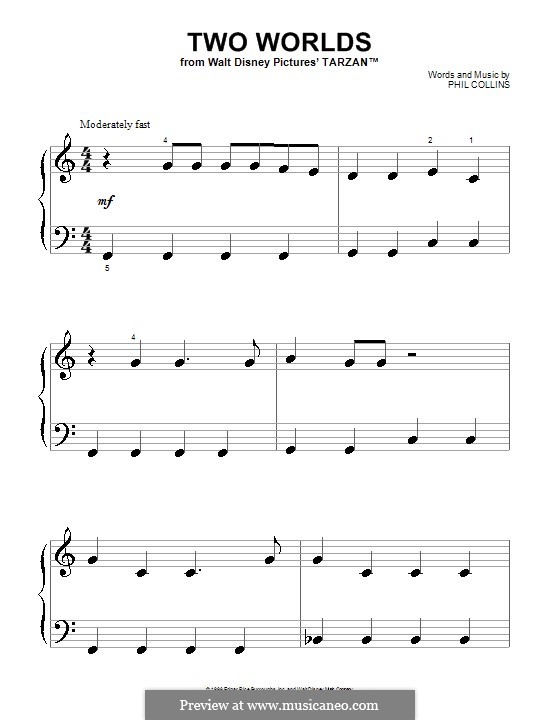 Two Worlds (from Walt Disney's Tarzan): For piano (very easy version) by Phil Collins