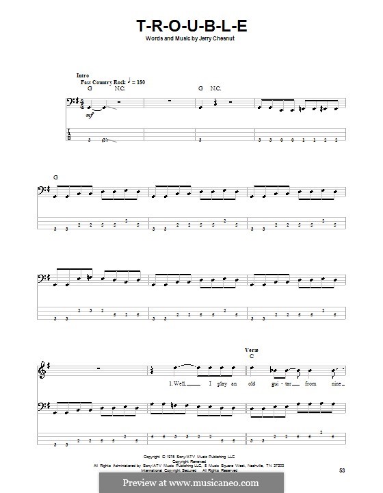 T-R-O-U-B-L-E (Elvis Presley): For bass guitar with tab by Jerry Chesnut