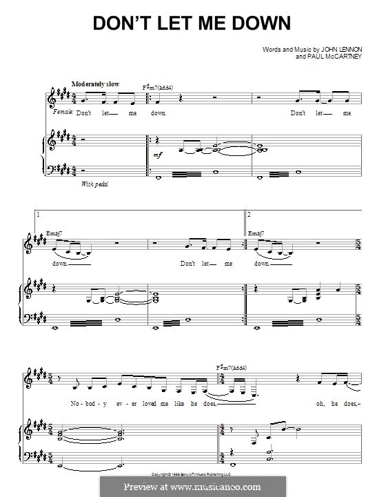 Don't Let Me Down (The Beatles): For voice and piano (or guitar) by John Lennon, Paul McCartney