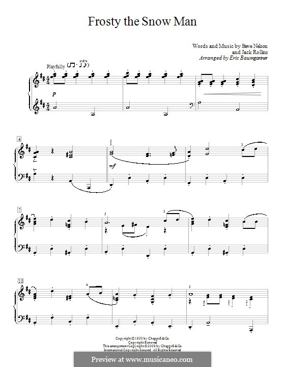 Frosty the Snow Man, for Piano: For a single performer (D Major) by Jack Rollins, Steve Nelson