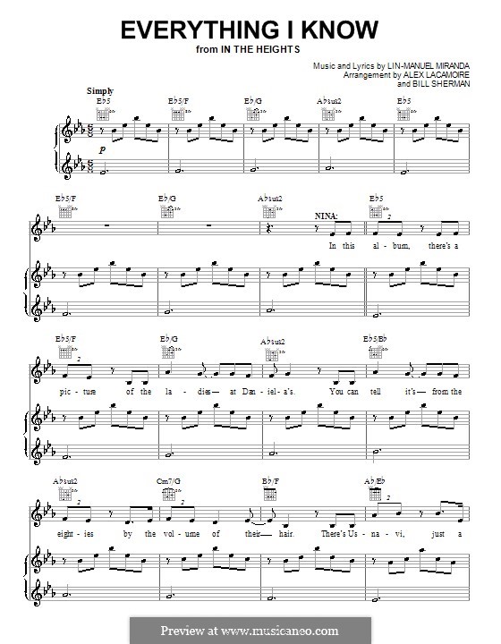 Everything I Know (from In The Heights: The Musical): For voice and piano (or guitar) by Lin-Manuel Miranda