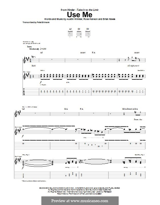 Use Me (Hinder): For guitar with tab by Austin Winkler, Brian Howes, Ross Hanson