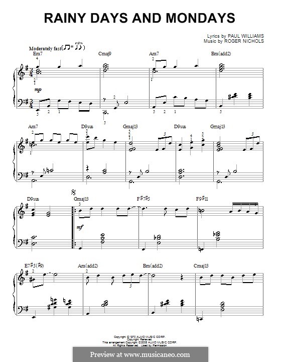 Rainy Days and Mondays (Carpenters): For piano by Paul H. Williams, Roger Nichols