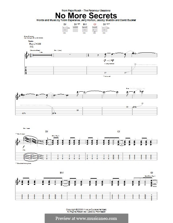 No More Secrets (Papa Roach): For guitar with tab by David Buckner, Jacoby Shaddix, Jerry Horton, Tobin Esperance