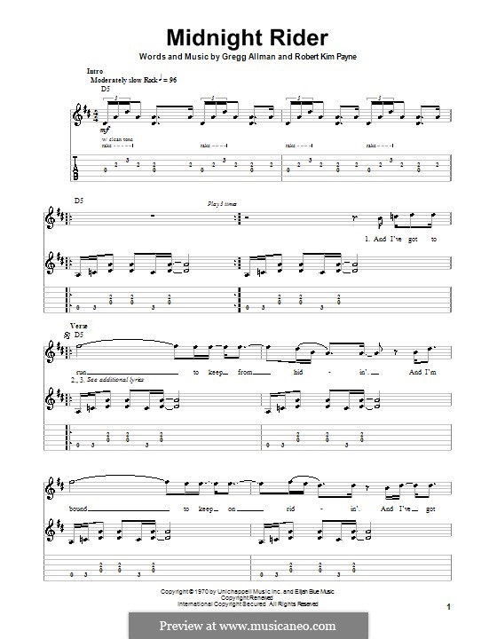 Midnight Rider (The Allman Brothers Band): For guitar with tab by Gregg Allman, Robert Kim Payne