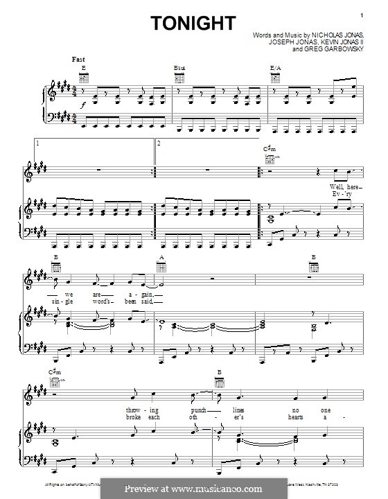 Tonight (Jonas Brothers): For voice and piano (or guitar) by Greg Garbowsky, Joseph Jonas, Kevin Jonas Sr., Nicholas Jonas