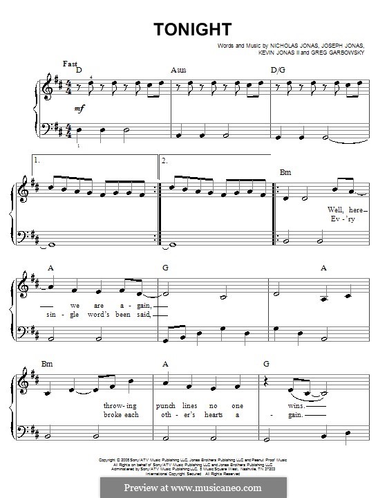 Tonight (Jonas Brothers): For easy piano by Greg Garbowsky, Joseph Jonas, Kevin Jonas Sr., Nicholas Jonas