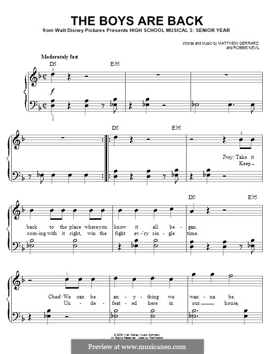 The Boys Are Back (from High School Musical 3): For easy piano by Matthew Gerrard, Robbie Nevil