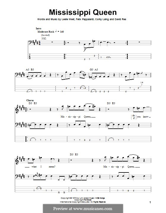 Mississippi Queen (Mountain): For bass guitar with tab by Corky Laing, David Rea, Felix Pappalardi, Leslie West