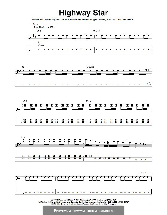 Highway Star (Deep Purple): For bass guitar with tab by Ian Gillan, Ian Paice, Jon Lord, Ritchie Blackmore, Roger Glover