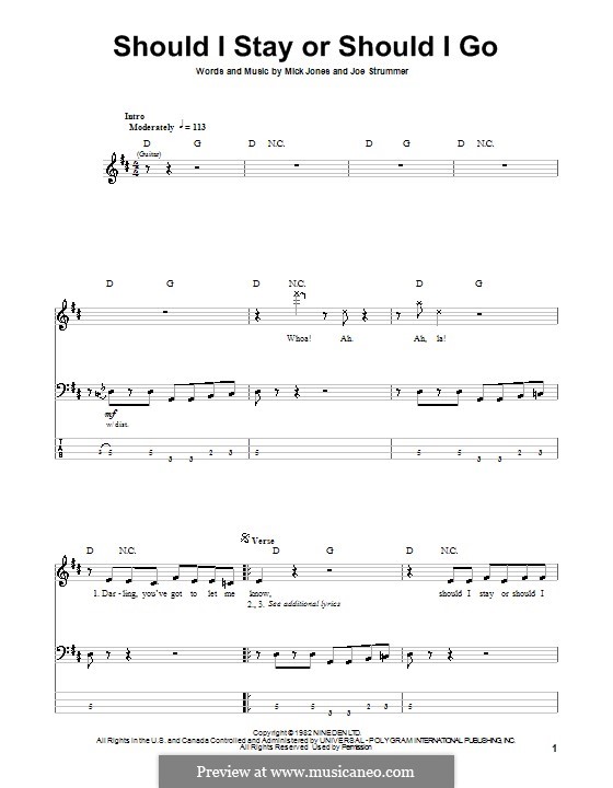 Should I Stay or Should I Go (The Clash): For bass guitar with tab by Joe Strummer, Mick Jones
