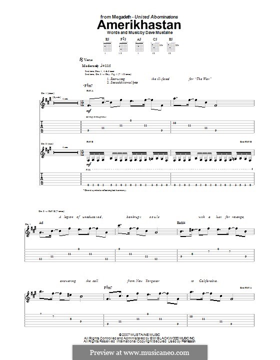 Amerikhastan (Megadeth): For guitar with tab by Dave Mustaine