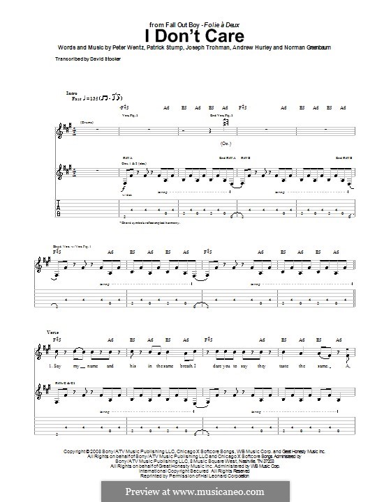 I Don't Care (Fall Out Boy): For guitar with tab by Andrew Hurley, Joseph Trohman, Norman Greenbaum, Patrick Stump, Peter Wentz