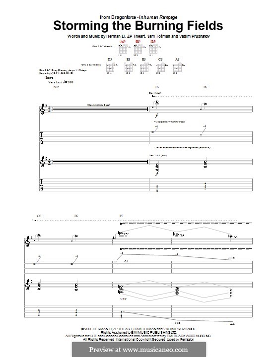 Storming the Burning Fields (DragonForce): For guitar with tab by Herman Li, Sam Totman, Vadim Pruzhanov, ZP Theart